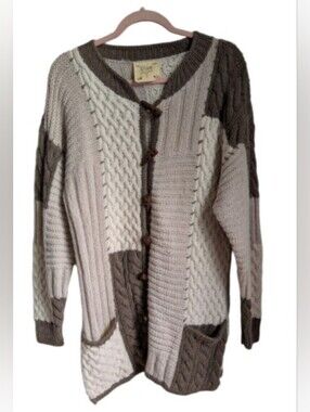 HANDMADE Cozy Neutrals Cream & Brown Patchwork Cable Knit Sweater Cardigan Large